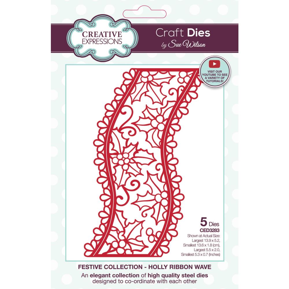 Creative Expressions - Craft Dies By Sue Wilson - Festive Holly - Ribbon Wave. This Festive Holly Ribbon Wave is a gorgeous die set that will be a great addition to your festive paper craft stash. Available at Embellish Away located in Bowmanville Ontario Canada.