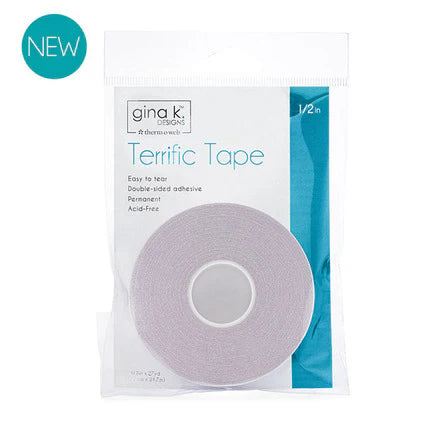 Gina K. Designs - Adhesive - Terrific Tape - 1-4 in x 27 yds. Gina K. Designs for Therm O Web’s Terrific Tape makes creating easier with this strong, easy to tear, double-sided tape! Great for papers, photos, cardstocks, glitter and more! Available at Embellish Away located in Bowmanville Ontario Canada.