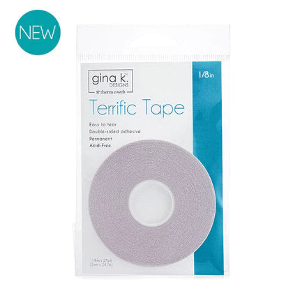 Gina K. Designs - Adhesive - Terrific Tape - 1-8 in x 27 yds. Gina K. Designs for Therm O Web’s Terrific Tape makes creating easier with this strong, easy to tear, double-sided tape! Great for papers, photos, cardstocks, glitter and more! Available at Embellish Away located in Bowmanville Ontario Canada.