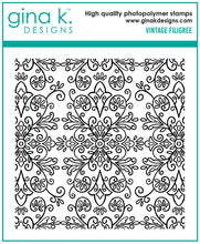 Cargar imagen en el visor de la galería, Gina K. Designs - Background Stamp - Vintage Filigree. Vintage Filigree is a stamp set by Arjita Singh. This set is made of premium clear photopolymer and measures 6&quot; X 6&quot;. Made in the USA. Available at Embellish Away located in Bowmanville Ontario Canada.
