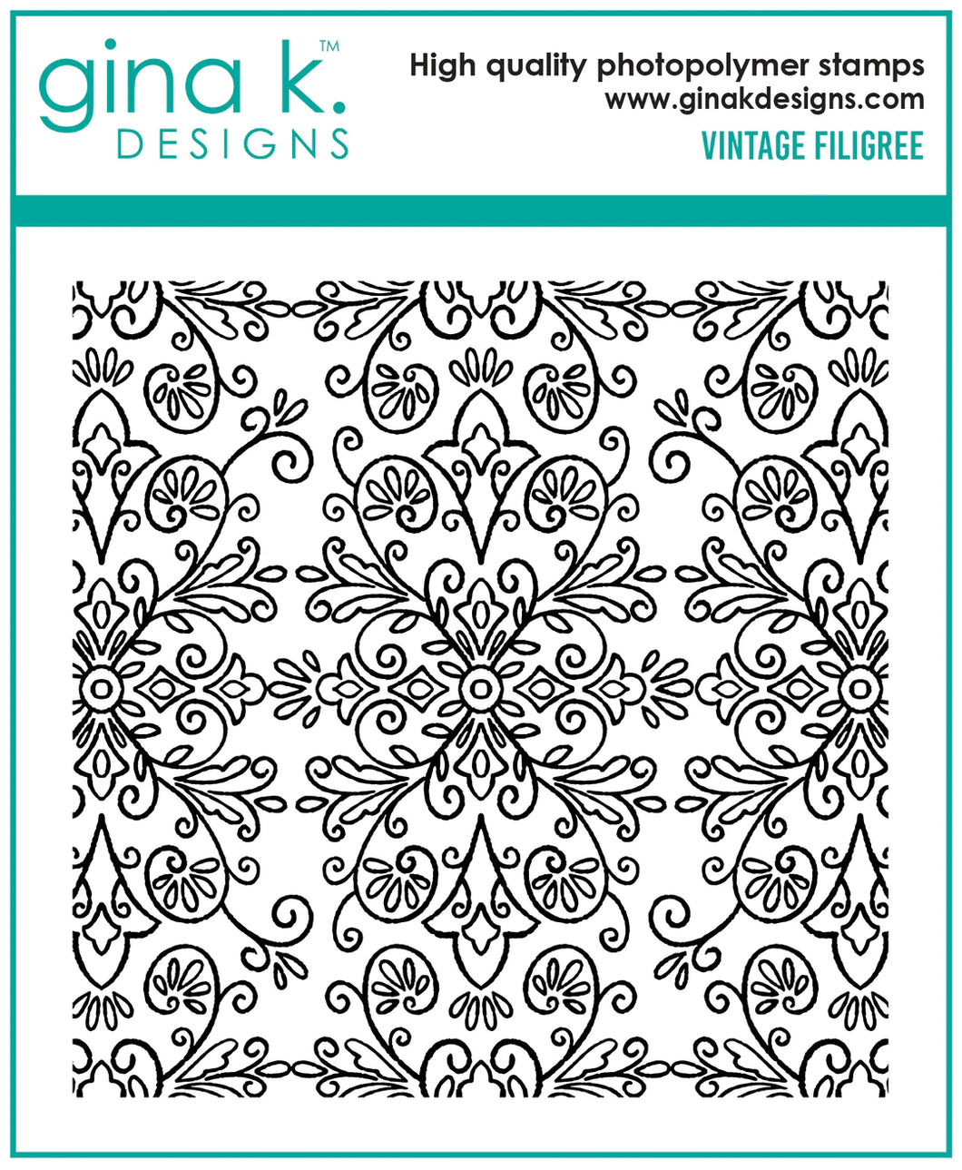 Gina K. Designs - Background Stamp - Vintage Filigree. Vintage Filigree is a stamp set by Arjita Singh. This set is made of premium clear photopolymer and measures 6