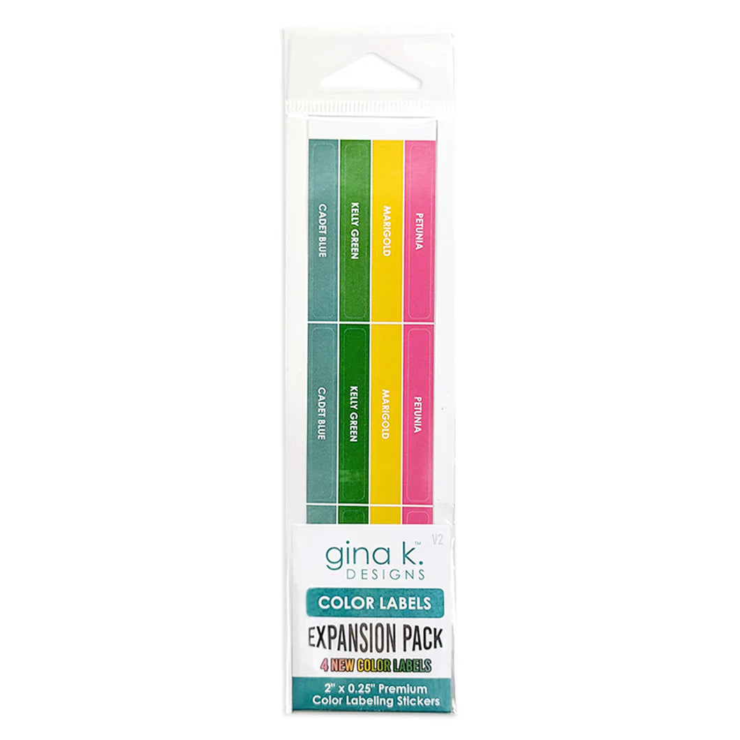 Gina K. Designs - Color Labels for Ink Pads, Ink Cubes and Card Stock - Expansion Pack 2. Available at Embellish Away located in Bowmanville Ontario Canada. Cadet Blue, Kelly Green, Marigold and Petunia