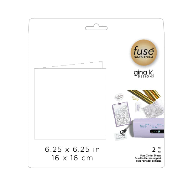 Gina K. Designs - Fuse Foiling System Carrier Sheets - 2-pack. The Fuse Foiling System Carrier Sheets conduct the perfect amount of heat for even foiling. Available at Embellish Away located in Bowmanville Ontario Canada.