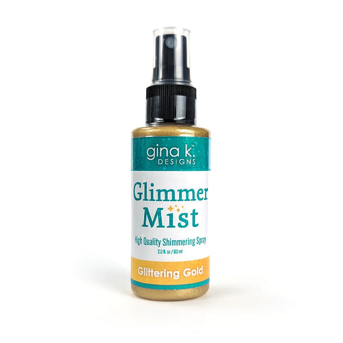 Gina K. Designs - Glimmer Mist- Glittering Gold. Glimmer Mist is a mica-based ink spray. It's perfect for adding sparkle and shine to any paper crafting project. Available at Embellish Away located in Bowmanville Ontario Canada.