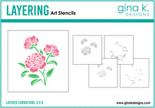 Cargar imagen en el visor de la galería, Gina K. Designs - Layered Stencil - Carnations. Gina K. Designs Art Screens can be used with ink, sprays, pastes, and gels to create beautiful backgrounds and images. Available at Embellish Away located in Bowmanville Ontario Canada.
