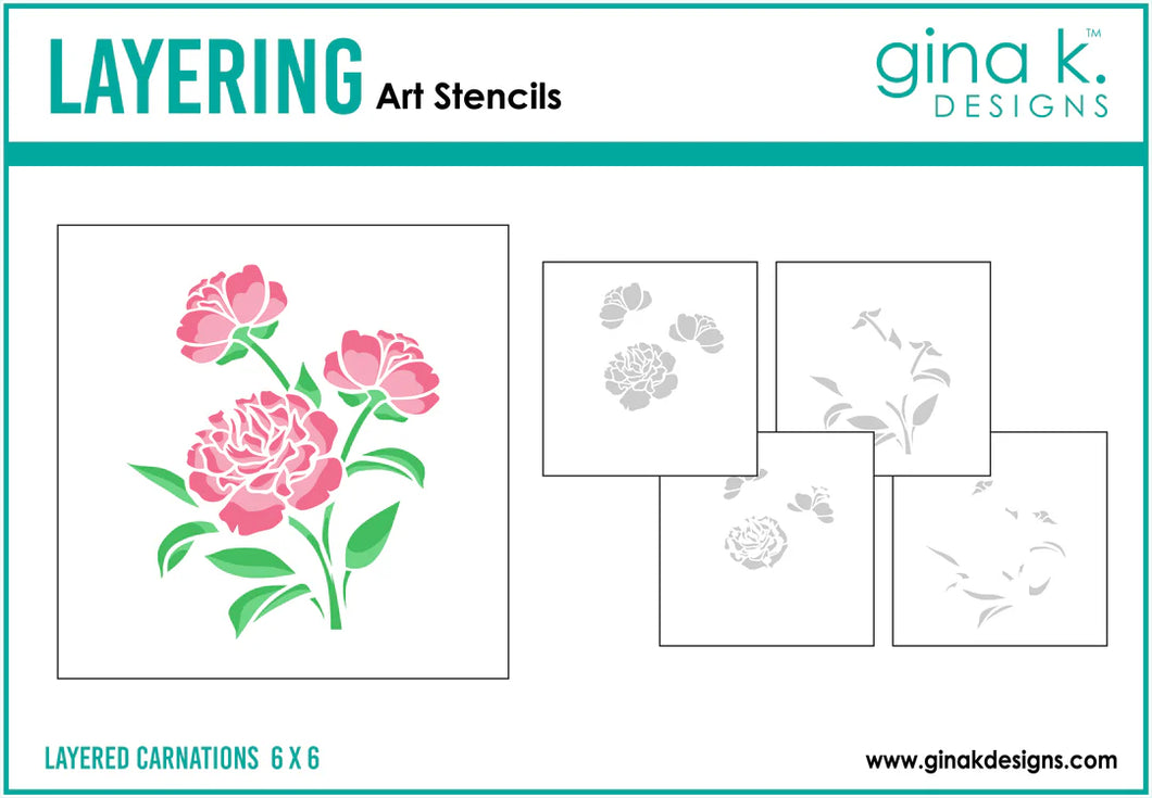 Gina K. Designs - Layered Stencil - Carnations. Gina K. Designs Art Screens can be used with ink, sprays, pastes, and gels to create beautiful backgrounds and images. Available at Embellish Away located in Bowmanville Ontario Canada.