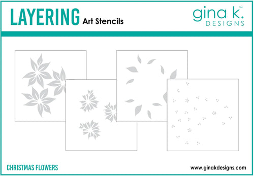 Gina K. Designs - Layering Stencil - Christmas Flower. Gina K. Designs Art Screens can be used with ink, sprays, pastes, and gels to create beautiful backgrounds and images. Layer stencils together for more options. Wash with soap and warm water. Pat dry.