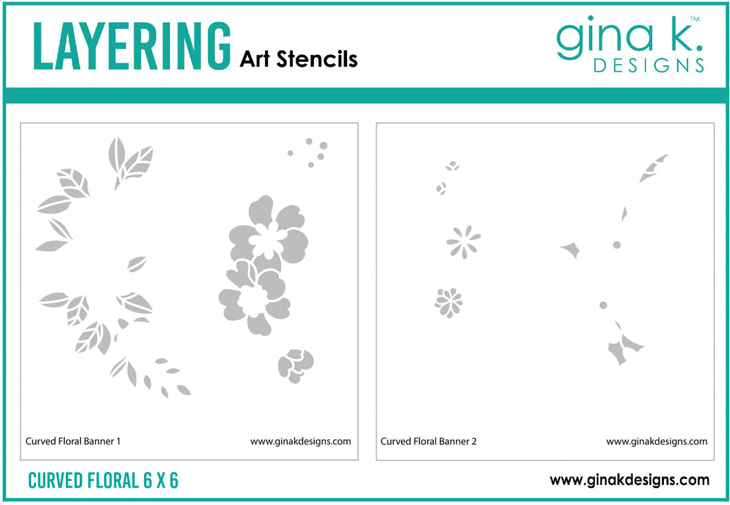 Gina K. Designs - Layering Stencil - Curved Floral. Gina K. Designs Art Screens can be used with ink, sprays, pastes, and gels to create beautiful backgrounds and images. Layer stencils together for more options. Wash with soap and warm water. Pat dry. Available at Embellish Away located in Bowmanville Ontario Canada.