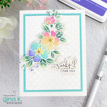Load image into Gallery viewer, Gina K. Designs - Layering Stencil - Curved Floral. Gina K. Designs Art Screens can be used with ink, sprays, pastes, and gels to create beautiful backgrounds and images. Layer stencils together for more options. Wash with soap and warm water. Pat dry. Available at Embellish Away located in Bowmanville Ontario Canada. Card by brand ambassador.
