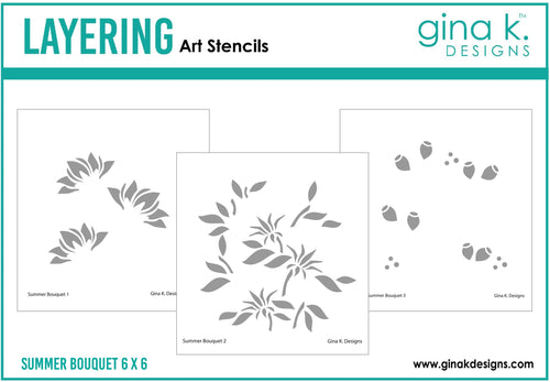 Gina K. Designs - Layering Stencil - Summer Bouquet. Gina K. Designs Art Screens can be used with ink, sprays, pastes, and gels to create beautiful backgrounds and images. Layer stencils together for more options. Wash with soap and warm water. Available at Embellish Away located in Bowmanville Ontario Canada.