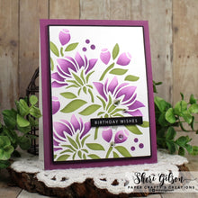Charger l&#39;image dans la galerie, Gina K. Designs - Layering Stencil - Summer Bouquet. Gina K. Designs Art Screens can be used with ink, sprays, pastes, and gels to create beautiful backgrounds and images. Layer stencils together for more options. Wash with soap and warm water. Available at Embellish Away located in Bowmanville Ontario Canada. Example by Sheri Gilson
