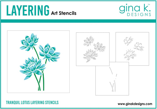 Gina K. Designs - Layering Stencil - Tranquil Lotus. Gina K. Designs Art Screens can be used with ink, sprays, pastes, and gels to create beautiful backgrounds and images. Layer stencils together for more options. Wash with soap and warm water. Pat dry. Available at Embellish Away located in Bowmanville Ontario Canada.
