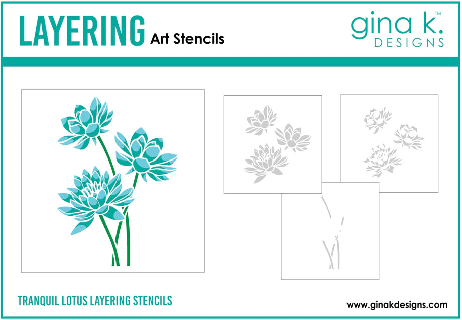 Gina K. Designs - Layering Stencil - Tranquil Lotus. Gina K. Designs Art Screens can be used with ink, sprays, pastes, and gels to create beautiful backgrounds and images. Layer stencils together for more options. Wash with soap and warm water. Pat dry. Available at Embellish Away located in Bowmanville Ontario Canada.