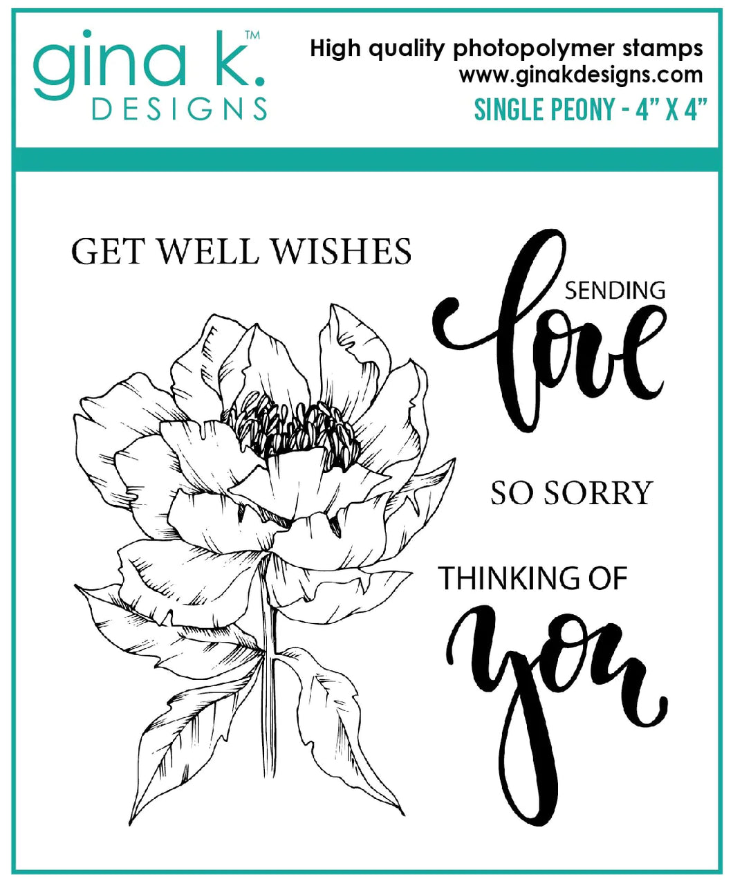 Gina K. Designs - Mini Stamp - Single Peony. Single Peony is a stamp set by Gina K Designs. This set is made of premium clear photopolymer and measures 4