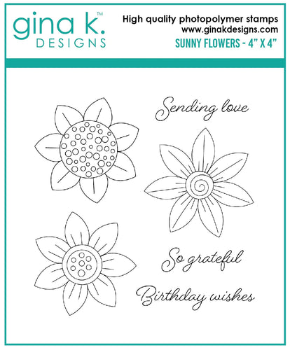 Gina K. Designs - Mini Stamp - Sunny Flowers. Sunny Flowers is a stamp set by Gina K Designs. This set is made of premium clear photopolymer and measures 4