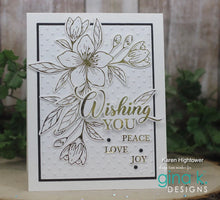 Load image into Gallery viewer, Gina K. Designs - Poly-Glaze Foiling Sheets - Wishful Florals. These sheets are printed with a Poly-Glaze coating that allows you to use Deco-foil without getting black spots or dropouts. Available at Embellish Away located in Bowmanville Ontario Canada. Example by Karen Hightower.
