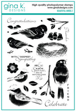 Load image into Gallery viewer, Gina K. Designs - Stamp - Beautiful Birds 2. Beautiful Birds 2 is a stamp set by Melanie Munchinger. This set is made of premium clear photopolymer and measures 6&quot; X 8&quot;. Made in the USA. Available at Embellish Away located in Bowmanville Ontario Canada.
