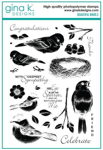 Gina K. Designs - Stamp - Beautiful Birds 2. Beautiful Birds 2 is a stamp set by Melanie Munchinger. This set is made of premium clear photopolymer and measures 6