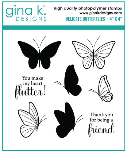 Gina K. Designs - Stamp - Delicate Butterflies. Delicate Butterflies is a stamp set by Gina K Designs. This set is made of premium clear photopolymer and measures 4