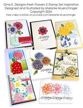 Cargar imagen en el visor de la galería, Gina K. Designs - Stamp - Fresh Flowers 2. The follow up to the popular Fresh Flowers from Melanie Muenchinger. Intricate line art elements and containers for all your coloring media or with the bold images from the first set for 2 step stamping.  Available at Embellish Away located in Bowmanville Ontario Canada. Examples by Melanie Muenchinger. Inspiration board examples.
