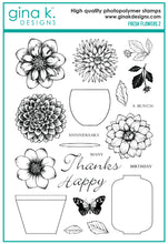 Load image into Gallery viewer, Gina K. Designs - Stamp - Fresh Flowers 2. The follow up to the popular Fresh Flowers from Melanie Muenchinger. Intricate line art elements and containers for all your coloring media or with the bold images from the first set for 2 step stamping.  Available at Embellish Away located in Bowmanville Ontario Canada.
