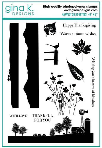 Gina K. Designs - Stamp - Harvest Silhouettes. Harvest Silhouettes is a stamp set by Gina K Designs. This set is made of premium clear photopolymer and measures 6