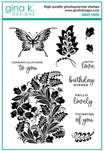 Gina K. Designs - Stamp - Ornate Spring. Ornate Spring is a stamp set by Gina K Designs. This set is made of premium clear photopolymer and measures 6