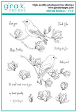 Load image into Gallery viewer, Gina K. Designs - Stamp &amp; Die Set - Birds and Magnolias. Birds and Magnolias is a set by Hannah Drapinski. This set is made of premium clear photopolymer and measures 6&quot; X 8&quot;. Made in the USA. Available at Embellish Away located in Bowmanville Ontario Canada.
