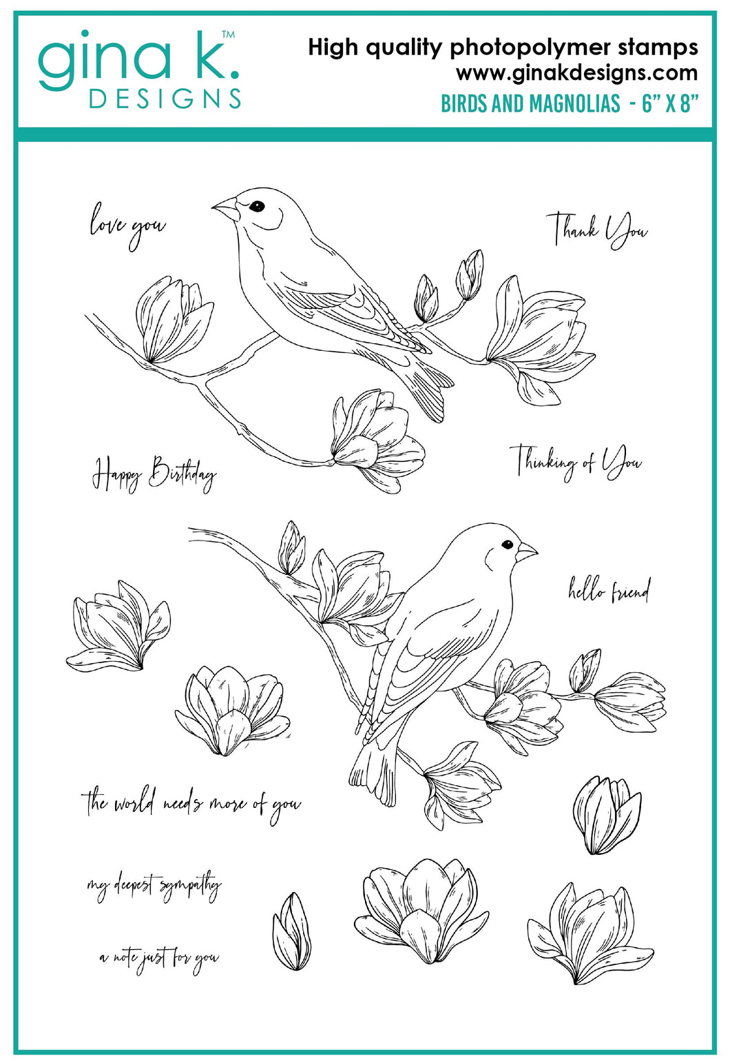 Gina K. Designs - Stamp & Die Set - Birds and Magnolias. Birds and Magnolias is a set by Hannah Drapinski. This set is made of premium clear photopolymer and measures 6