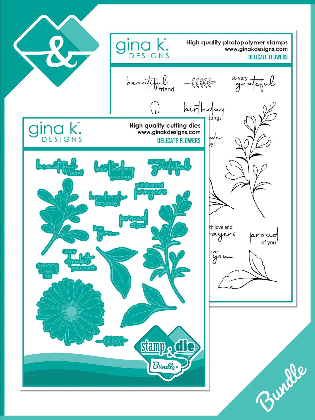 Gina K. Designs - Stamp & Die Set - Delicate Flowers. Delicate Flowers is a stamp set by Gina K Designs. This set is made of premium clear photopolymer and measures 6