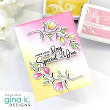 Load image into Gallery viewer, Gina K. Designs - Stamp &amp; Die Set - Delicate Flowers. Delicate Flowers is a stamp set by Gina K Designs. This set is made of premium clear photopolymer and measures 6&quot; X 8&quot;. Made in the USA. Available at Embellish Away located in Bowmanville Ontario Canada. Card example by Gina K Design Team Member.
