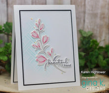 將圖片載入圖庫檢視器 Gina K. Designs - Stamp &amp; Die Set - Delicate Flowers. Delicate Flowers is a stamp set by Gina K Designs. This set is made of premium clear photopolymer and measures 6&quot; X 8&quot;. Made in the USA. Available at Embellish Away located in Bowmanville Ontario Canada. Card example by Karen Hightower.
