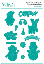 Charger l&#39;image dans la galerie, Gina K. Designs - Stamp &amp; Die Set - Feeling Frosty. This set is made of premium clear photopolymer and measures 6&quot; X 8&quot;. Made in the USA.Some features include: Penguin, Reindeer, Snow Men, Holiday sentiments. Available at Embellish Away located in Bowmanville Ontario Canada.
