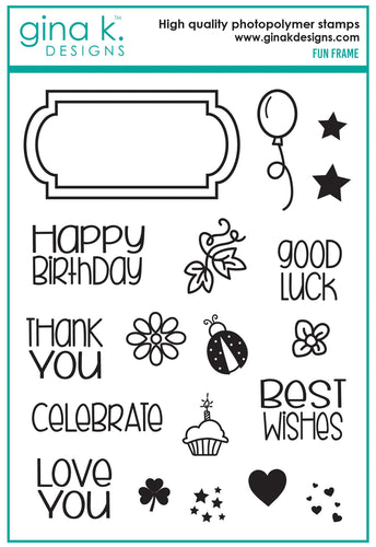 Gina K. Designs - Stamp & Die Set - Fun Frame. Fun Frame is a stamp & die set by Beth Silika. This set is made of premium clear photopolymer and measures 6