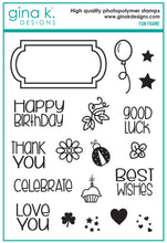 Load image into Gallery viewer, Gina K. Designs - Stamp Set - Fun Frame. Fun Frame is a stamp set by Beth Silika. This set is made of premium clear photopolymer and measures 6&quot; X 8&quot;. Some features include: Good Luck, Thank You, Best Wishes, Cupcake, Lady Bug. Available at Embellish Away located in Bowmanville Ontario Canada.
