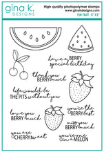 Load image into Gallery viewer, Gina K. Designs - Stamp &amp; Die Set - Fun Fruit. Fun Fruit is a stamp and die set by Beth Silika. This set is made of premium clear photopolymer and measures 6&quot; X 8&quot;. Made in the USA. Available at Embellish Away located in Bowmanville Ontario Canada.
