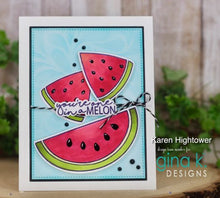 Cargar imagen en el visor de la galería, Gina K. Designs - Stamp &amp; Die Set - Fun Fruit. Fun Fruit is a stamp and die set by Beth Silika. This set is made of premium clear photopolymer and measures 6&quot; X 8&quot;. Made in the USA. Available at Embellish Away located in Bowmanville Ontario Canada. Example by brand ambassador.
