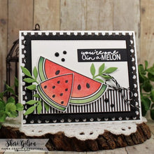 Cargar imagen en el visor de la galería, Gina K. Designs - Stamp &amp; Die Set - Fun Fruit. Fun Fruit is a stamp and die set by Beth Silika. This set is made of premium clear photopolymer and measures 6&quot; X 8&quot;. Made in the USA. Available at Embellish Away located in Bowmanville Ontario Canada. Example by brand ambassador.
