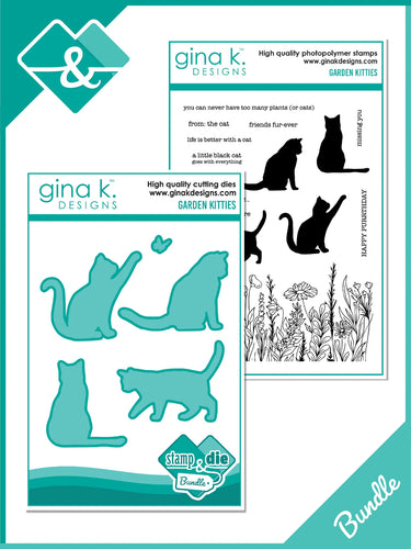 Gina K. Designs - Stamp & Die Set - Garden Kitties. Garden Kitties is a stamp set by Hannah Drapinski. This set is made of premium clear photopolymer and measures 6