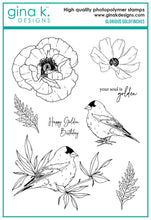 Cargar imagen en el visor de la galería, Gina K. Designs - Stamp &amp; Die Set - Glorious Goldfinches. Glorious Goldfinches is a stamp set by Hannah Drapinski. This set is made of premium clear photopolymer and measures 6&quot; X 8&quot;. Made in the USA. Available at Embellish Away located in Bowmanville Ontario Canada.

