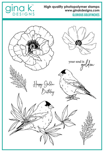 Gina K. Designs - Stamp & Die Set - Glorious Goldfinches. Glorious Goldfinches is a stamp set by Hannah Drapinski. This set is made of premium clear photopolymer and measures 6