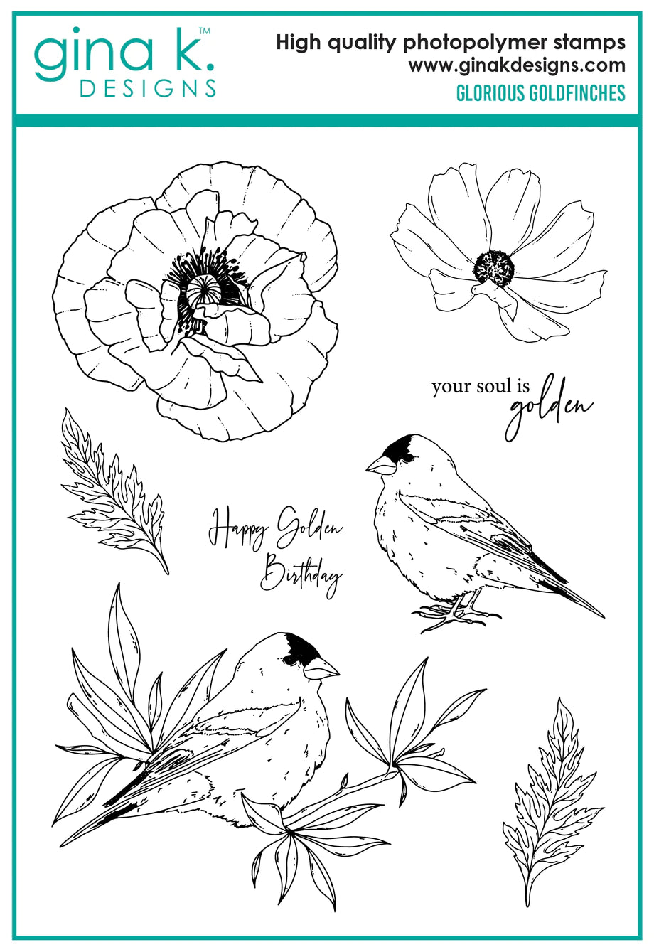 Gina K. Designs - Stamp & Die Set - Glorious Goldfinches. Glorious Goldfinches is a stamp set by Hannah Drapinski. This set is made of premium clear photopolymer and measures 6