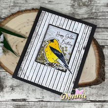 Cargar imagen en el visor de la galería, Gina K. Designs - Stamp &amp; Die Set - Glorious Goldfinches. Glorious Goldfinches is a stamp set by Hannah Drapinski. This set is made of premium clear photopolymer and measures 6&quot; X 8&quot;. Made in the USA. Available at Embellish Away located in Bowmanville Ontario Canada. Example by brand ambassador.
