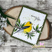 Cargar imagen en el visor de la galería, Gina K. Designs - Stamp &amp; Die Set - Glorious Goldfinches. Glorious Goldfinches is a stamp set by Hannah Drapinski. This set is made of premium clear photopolymer and measures 6&quot; X 8&quot;. Made in the USA. Available at Embellish Away located in Bowmanville Ontario Canada. Example by brand ambassador.
