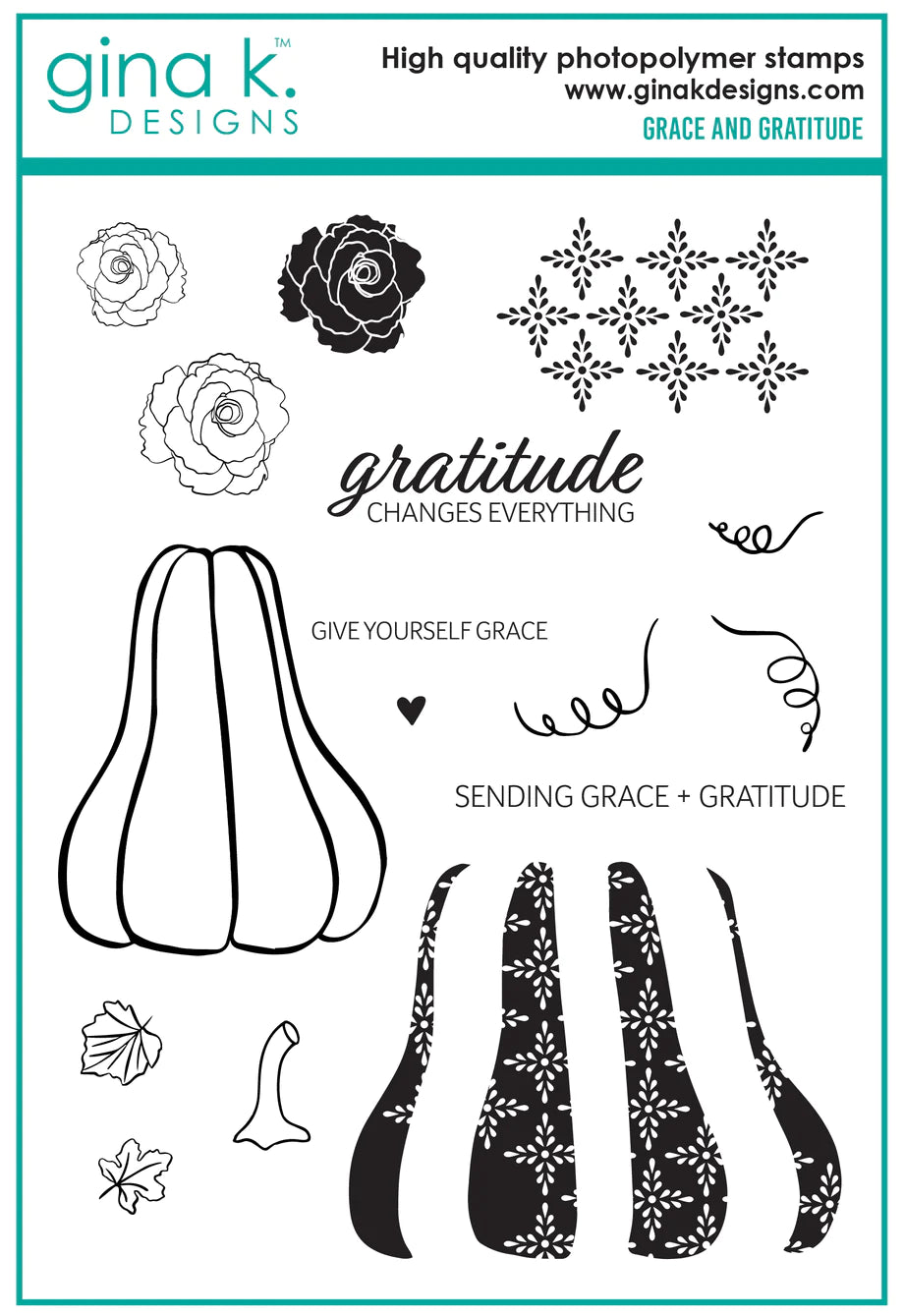 Gina K. Designs - Stamp & Die Set - Grace and Gratitude. Grace and Gratitude is a stamp & die set by Lisa Hetrick. This set is made of premium clear photopolymer and measures 6