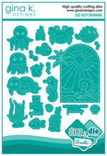 Load image into Gallery viewer, Gina K. Designs - Stamp &amp; Die Set - Just Keep Swimming. Just Keep Swimming is a stamp set by Gina K Designs. This set is made of premium clear photopolymer and measures 6&quot; X 8&quot;. Made in the USA. Available at Embellish Away located in Bowmanville Ontario Canada.
