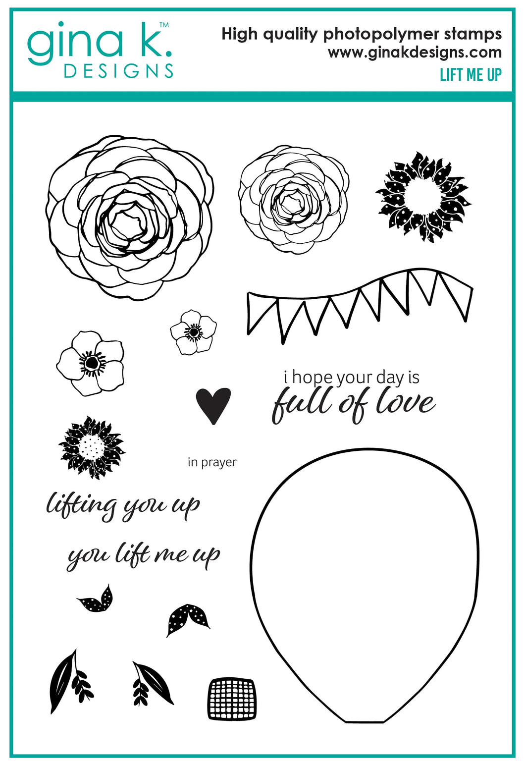 Gina K. Designs - Stamp & Die Set - Lift Me Up. Lift Me Up is a set by Lisa Hetrick. This set is made of premium clear photopolymer and measures 6