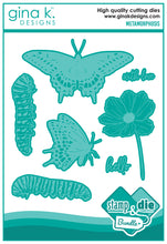 Cargar imagen en el visor de la galería, Gina K. Designs - Stamp &amp; Die Set - Metamorphosis. Metamorphosis is a stamp set by Hannah Drapinski. This set is made of premium clear photopolymer and measures 6&quot; X 8&quot;. Made in the USA. Available at Embellish Away located in Bowmanville Ontario Canada.
