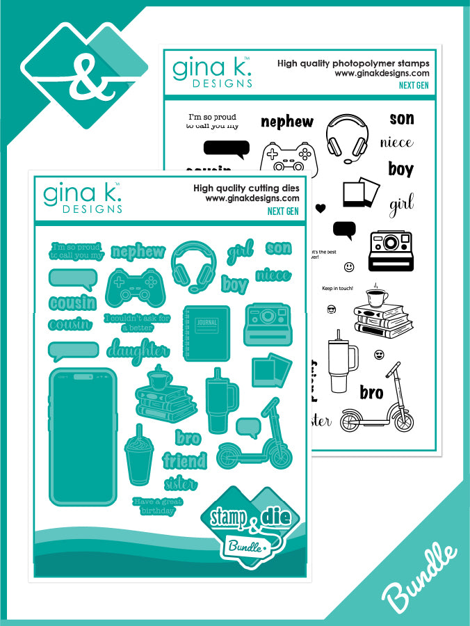 Gina K. Designs - Stamp & Die Set - Next Gen. Available at Embellish Away located in Bowmanville Ontario Canada.