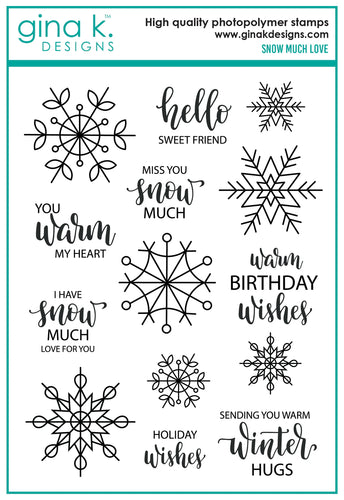 Gina K. Designs - Stamp & Die Set - Snow Much Love. Snow Much Love is a stamp & die set by Gina K Designs. This set is made of premium clear photopolymer and measures 6